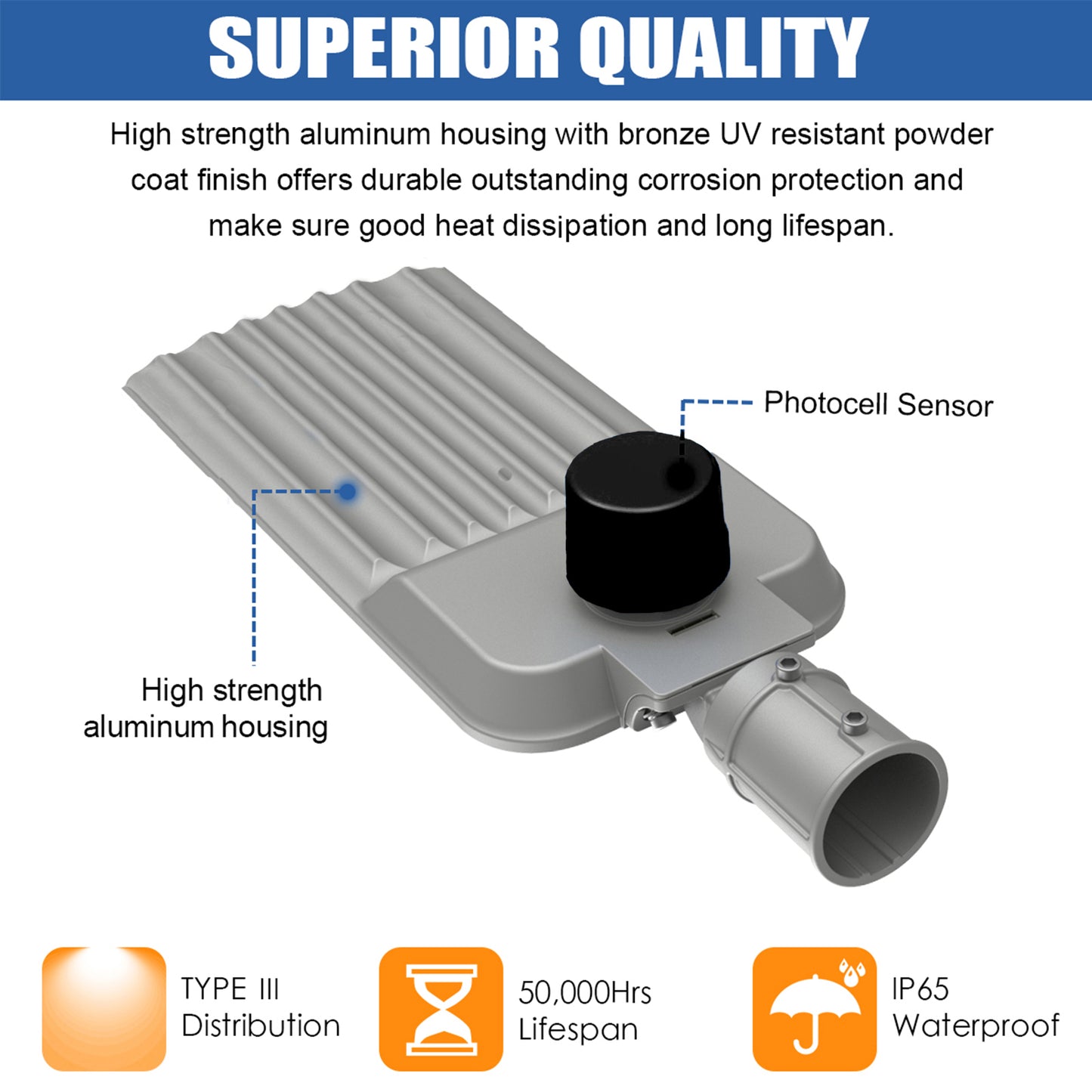 Commercial LED Road Lighting 100W 150W 200W 5000K Daylight 120-277V Dusk to Dawn Streetlights, Silver Aluminum Housing, ETL Listed