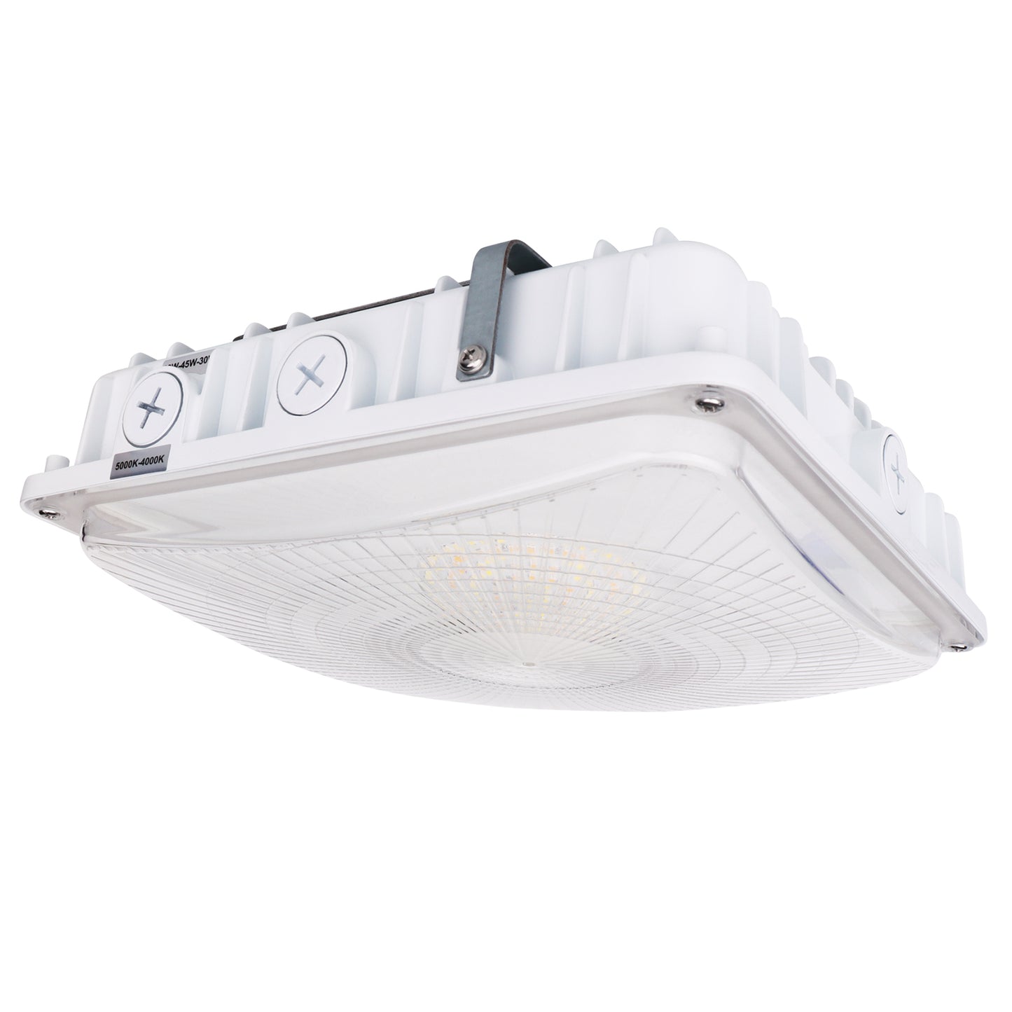 White LED Canopy Light with Emergency Battery Backup, 63W/45W/30W Selectable, 4000K/5000K, 9400 Lumens, 120-277V, UL Commercial Parking Garage Lighting