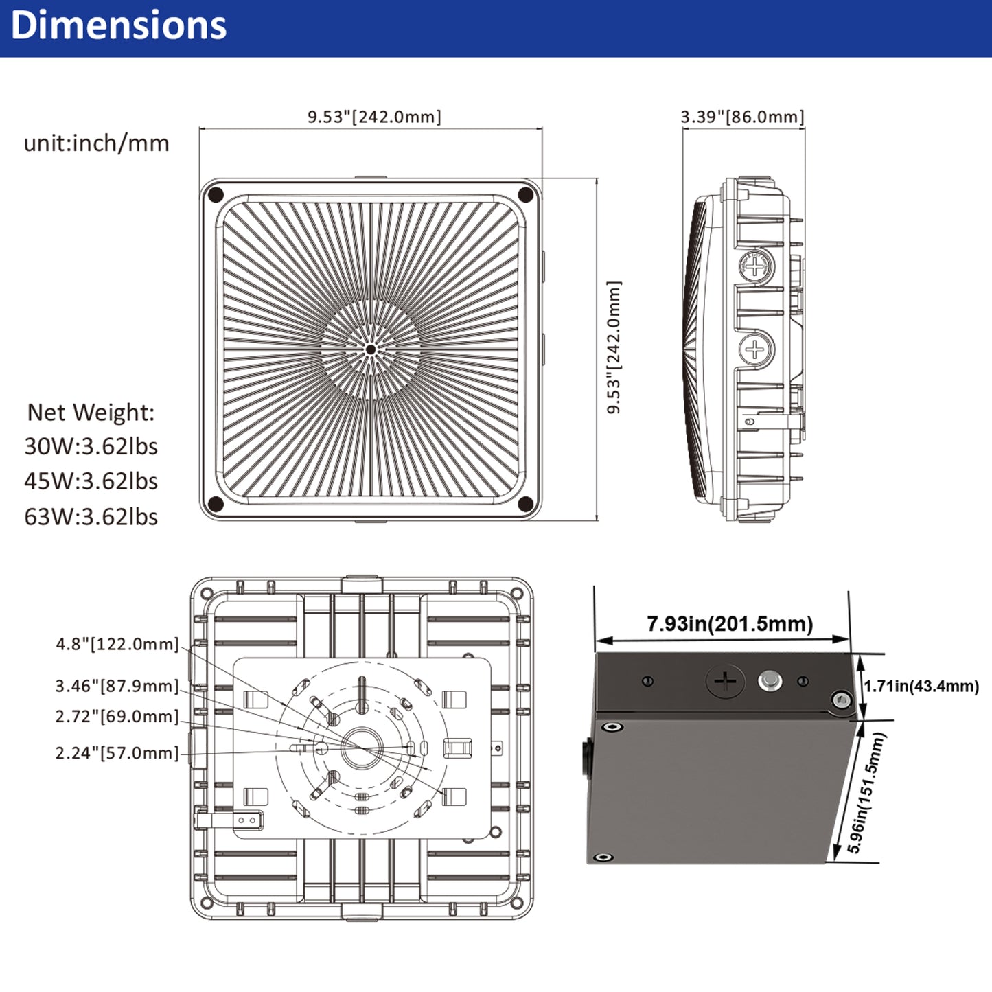 LED Canopy Light with Emergency Battery Backup – 63W/45W/30W Selectable, 4000K/5000K, 9400 Lumens, 120-277V, UL DLC, IP65 Commercial Gas Station & Parking Garage Lighting