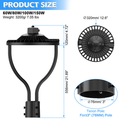 LED Post Top Circular Area Light with Photocell 60W 80W 100W 150W 3000K/4000K/5000K 3CCT Outdoor Commercial Pole Lighting