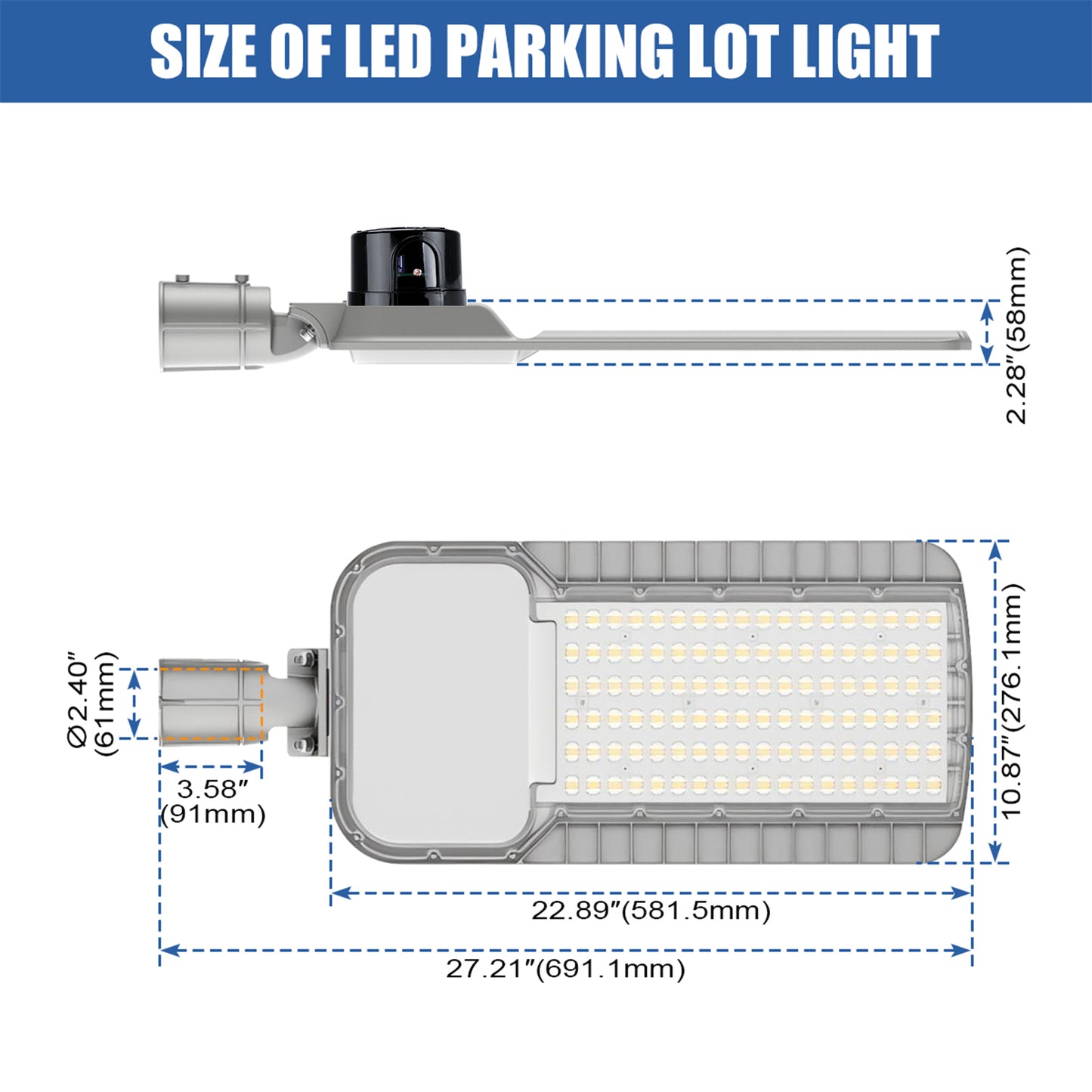 Commercial LED Road Lighting 100W 150W 200W 5000K Daylight 120-277V Dusk to Dawn Streetlights, Silver Aluminum Housing, ETL Listed