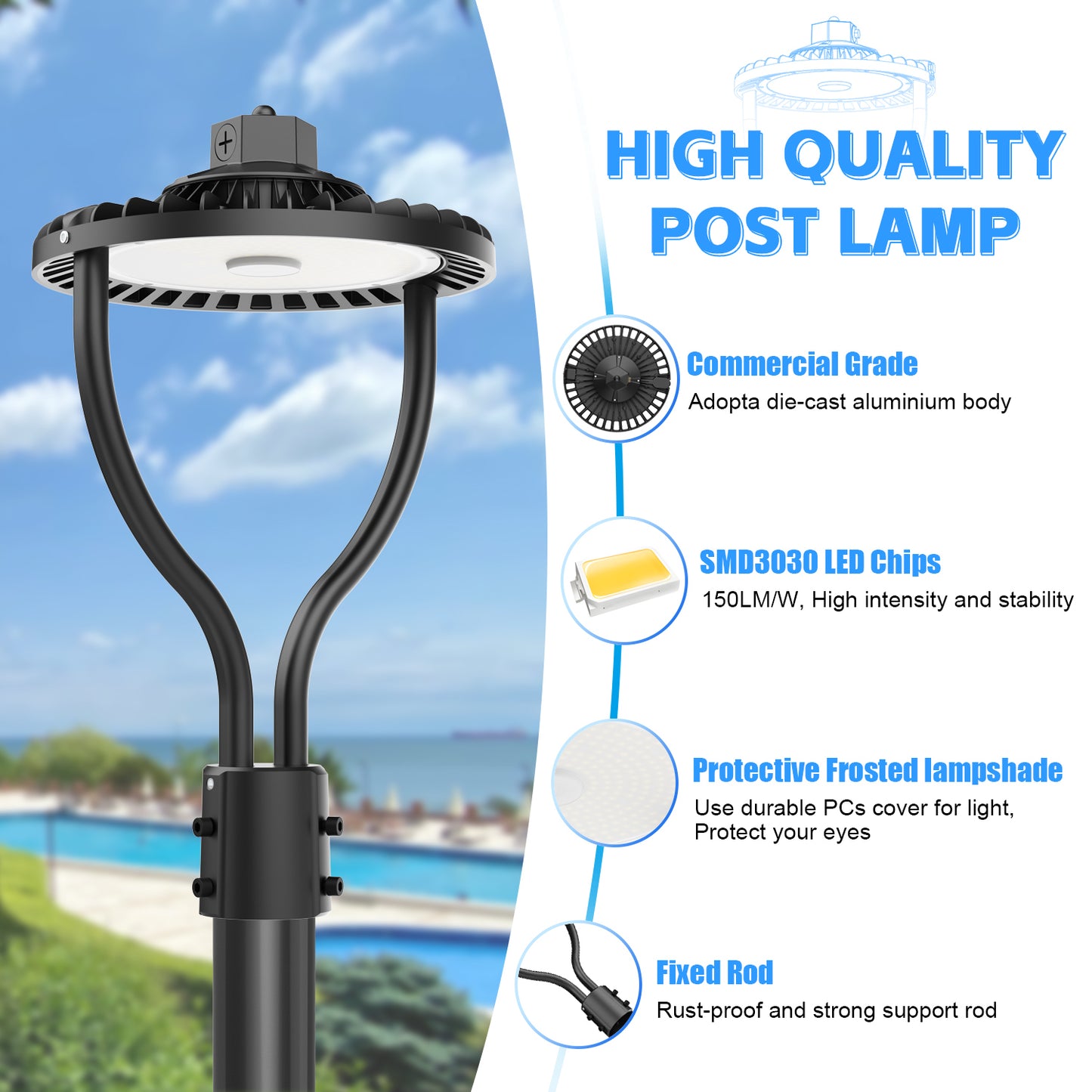 LED Post Top Circular Area Light with Photocell 60W 80W 100W 150W 3000K/4000K/5000K 3CCT Outdoor Commercial Pole Lighting