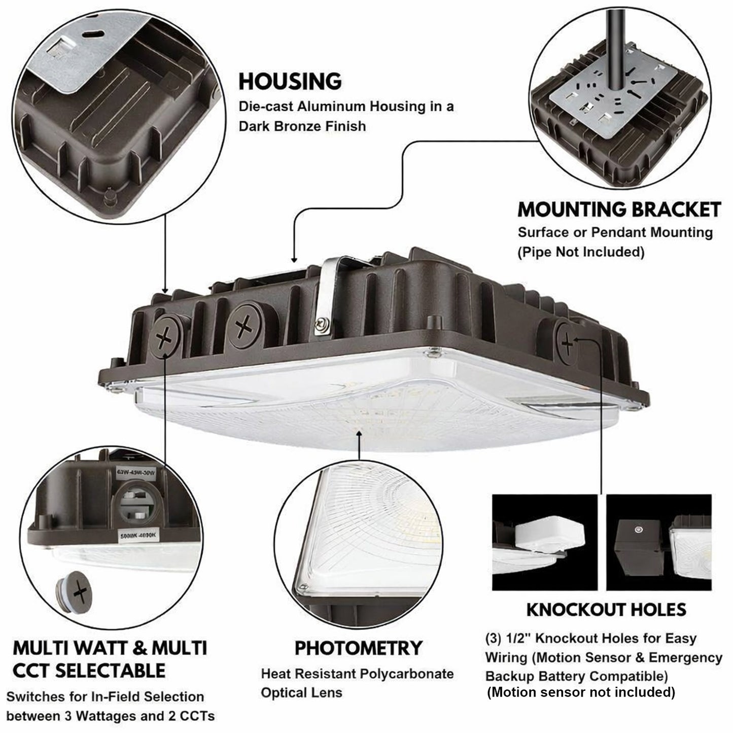 LED Canopy Light with Emergency Battery Backup – 63W/45W/30W Selectable, 4000K/5000K, 9400 Lumens, 120-277V, UL DLC, IP65 Commercial Gas Station & Parking Garage Lighting