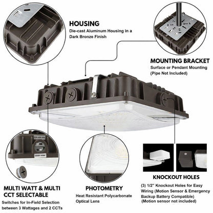 LED Canopy Light with Emergency Battery Backup – 63W/45W/30W Selectable, 4000K/5000K, 9400 Lumens, 120-277V, UL DLC, IP65 Commercial Gas Station & Parking Garage Lighting