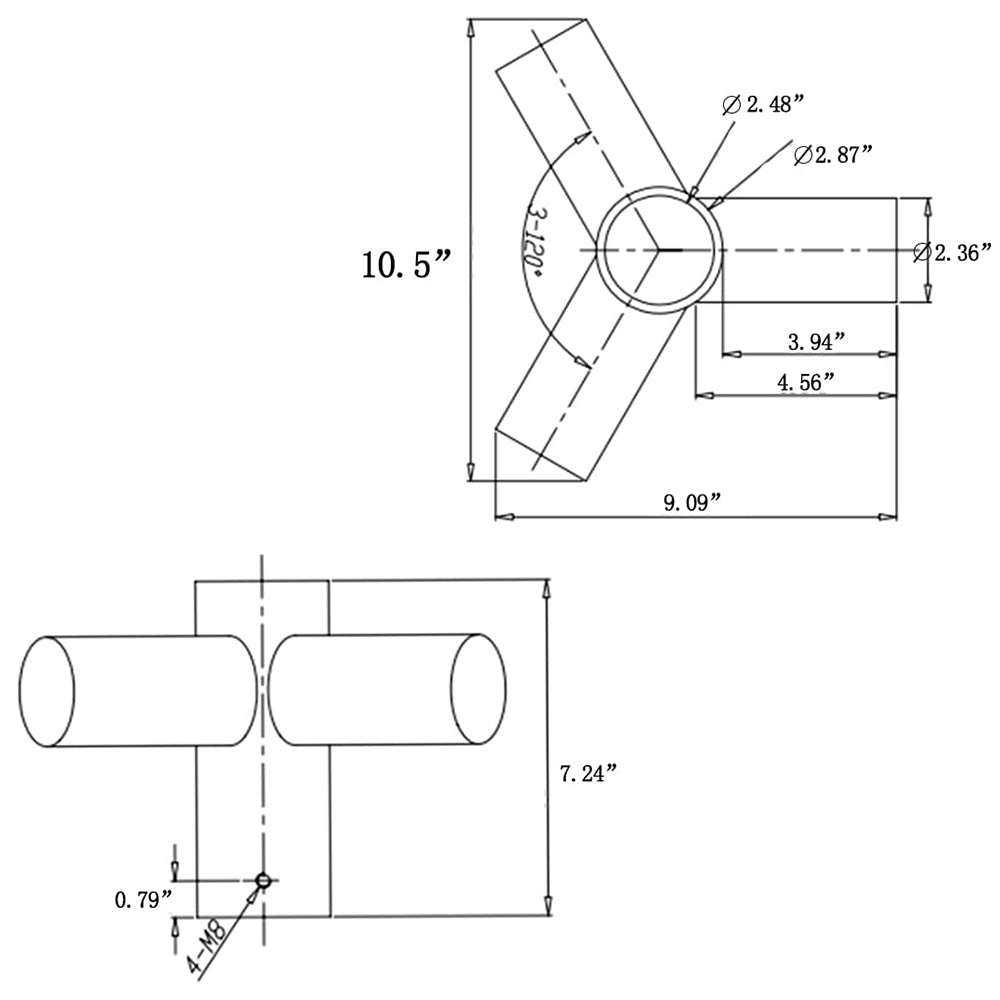 Y Shape Tenon Adapter with Three 2-3/8 Inch Horizontal Tenons
