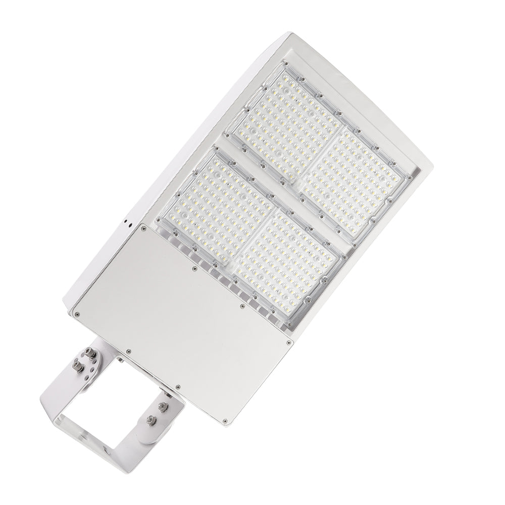 white housing led parking lot light with yoke mount