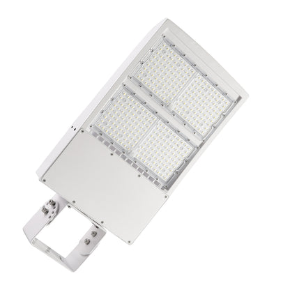 white housing led parking lot light with yoke mount